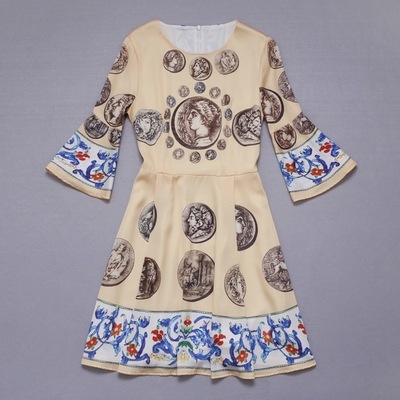 【2014深圳精品女裝古典巴洛克風格印花絲綢圓領收腰真絲連衣裙批發(fā)】價格,廠家,圖片,連衣裙,深圳市寶安區(qū)沙井歐秀服飾批發(fā)商行-