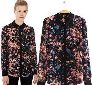 OA*SIS 歐美新款女裝批發(fā) 翻領(lǐng)碎花印花雪紡襯衣長(zhǎng)袖襯